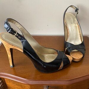 GUESS Black Patent Leather Cork Peep-Toe Slingbacks 8